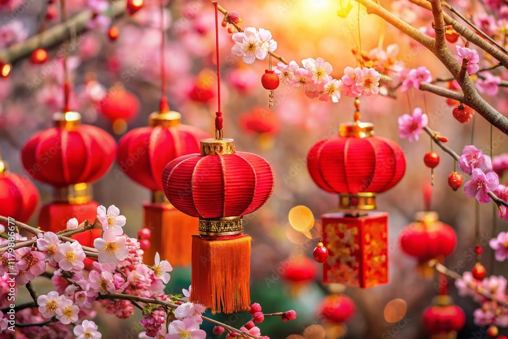 Obraz premium Miniature Chinese New Year Decorations: Festive Lanterns & Red Envelopes, Tilt-Shift Photography