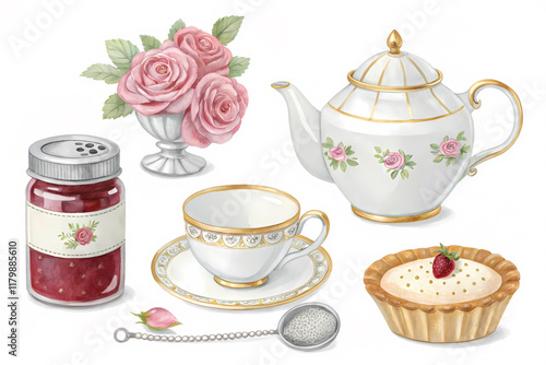 Elegant high tea watercolor sticker set with silver details for invitations and crafts.