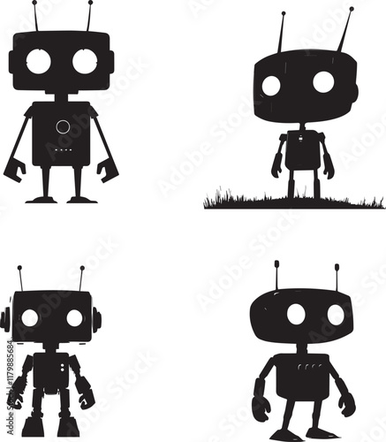 Set of Funny Cartoon Robots Silhouette