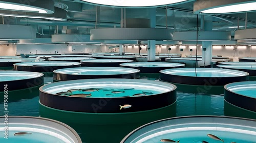 Modern Indoor Fish Farming Facility with Circular Tanks, Advanced Lighting, and Controlled Aquaculture Environment

 photo