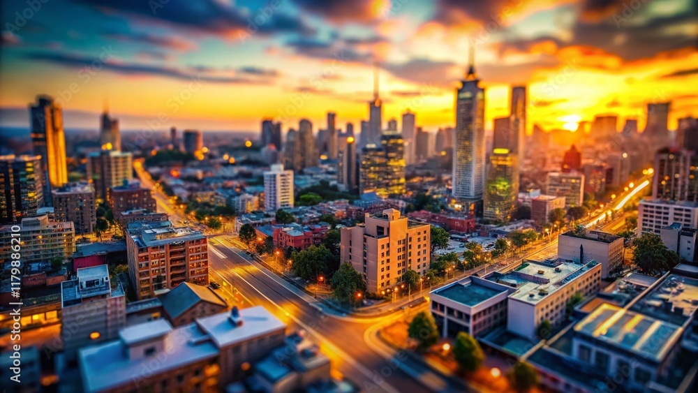 Obraz premium Miniature Cityscape: Downtown District at Sunset, Tilt-Shift Photography