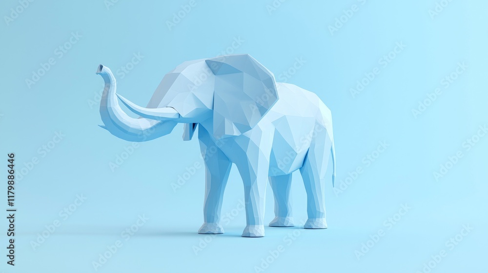 Obraz premium Majestic Low-Poly Elephant Sculpture in Pastel Blues - Cinematic Studio Image with Soft Shadows and Ultra-Detailed Features