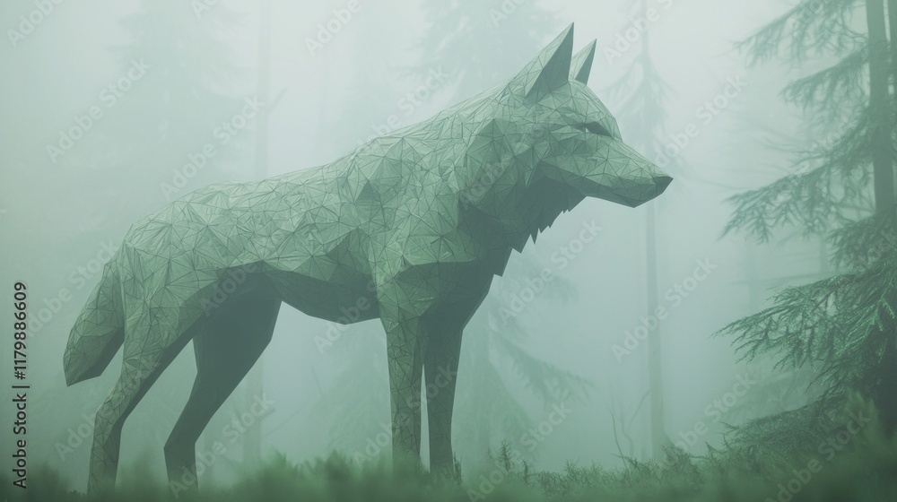 Fototapeta premium Majestic Low-Poly Wolf Silhouette in Misty Forest - Ultra-Detailed 3D Rendered Wildlife Artwork