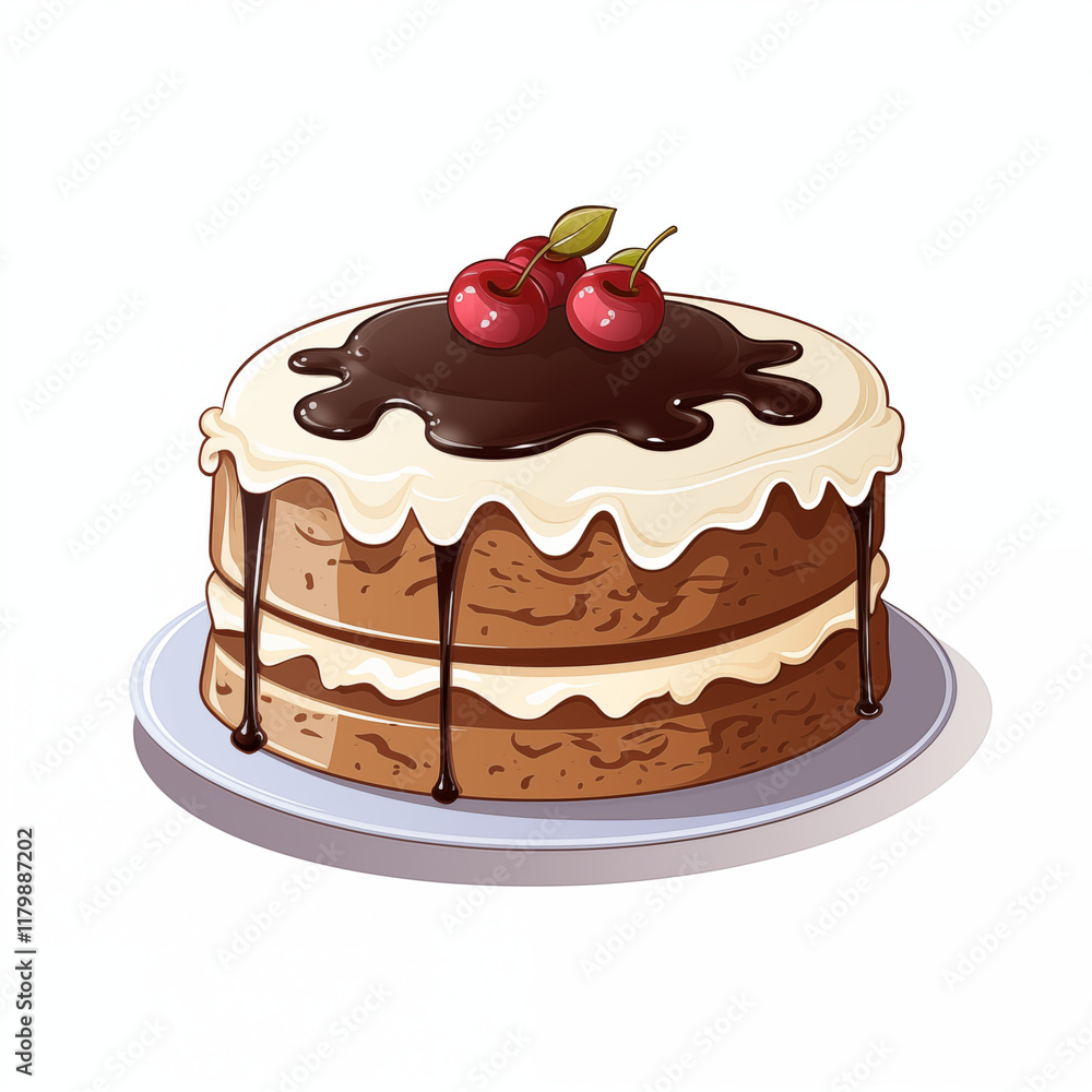 A round soft cake with chocolate cakes and white cream, covered with white cream and in the center with chocolate icing decorated with three cherries with a green leaf. The cake is placed on a white p A round soft cake with chocolate cakes and white cream, covered with white cream and in the center with chocolate icing decorated with three cherries with a green leaf. The cake is placed on a white p