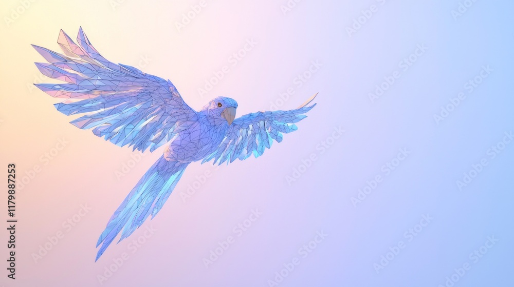 Fototapeta premium Majestic Blue-and-Gold Low-Poly Macaw Gliding in Mid-Flight Against Subdued Cinematic Background, Ultra-Detailed Image