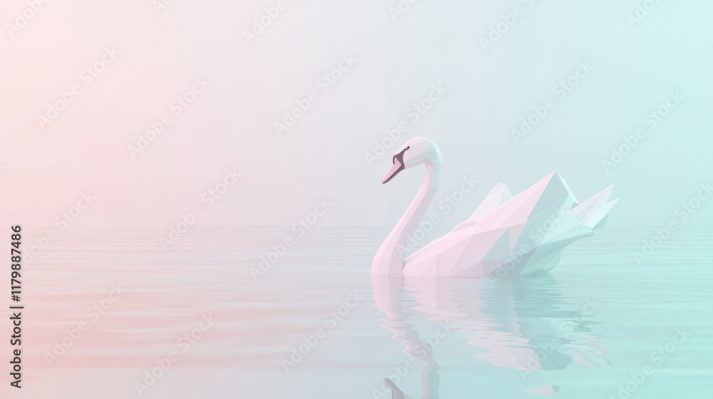Fototapeta premium Serene Low-Poly Swan Floating on Calm Water - Ultra-Detailed Polygonal Reflection Cinematic Image