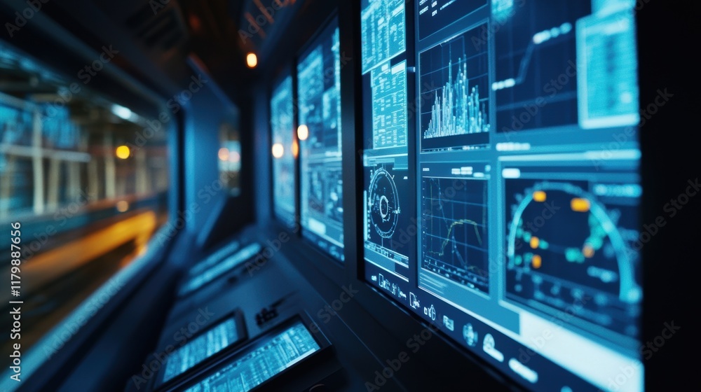 Multiple computer screens displaying charts and graphs enable real time monitoring and analysis of a manufacturing process within a high tech control room Multiple computer screens displaying charts and graphs enable real time monitoring and analysis of a manufacturing process within a high tech control room