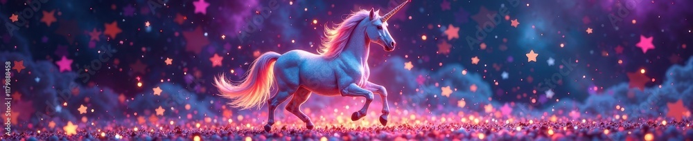 Glittering unicorn frolics amidst a scattering of star-shaped confetti on a cosmic background, radiating pure delight, joy, cosmos, happiness Glittering unicorn frolics amidst a scattering of star-shaped confetti on a cosmic background, radiating pure delight, joy, cosmos, happiness