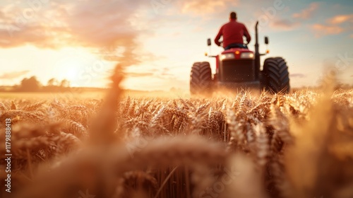 A farmer driving an antique tractor pulling a wagonload of freshly harvested wheat, with dust billowing in their wake, a nostalgic depiction of traditional farming methods and rural life. photo