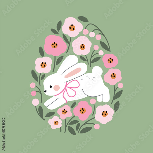Cute Easter rabbit with spring flowers. Hand drawn white bunny illustration on floral background. Perfect for tee shirt logo, greeting card, poster or nursery print design. EPS 10 vector file.