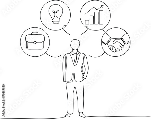 Business Icons Are Floating Above Businessman Head Concept Continuous One Line Drawing Illustration