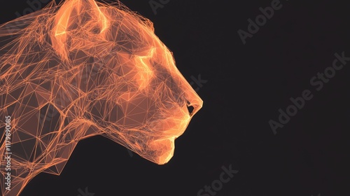 Majestic Low-Poly Lion Silhouette in Warm Orange on Black Background - Ultra-Detailed Cinematic Image photo