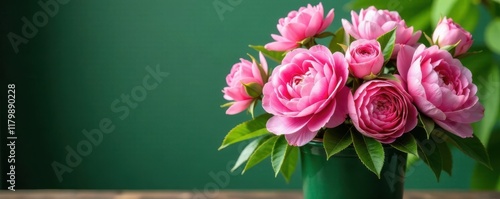 Pink peonies and roses in a lush green container, branches, foliage, peonies
