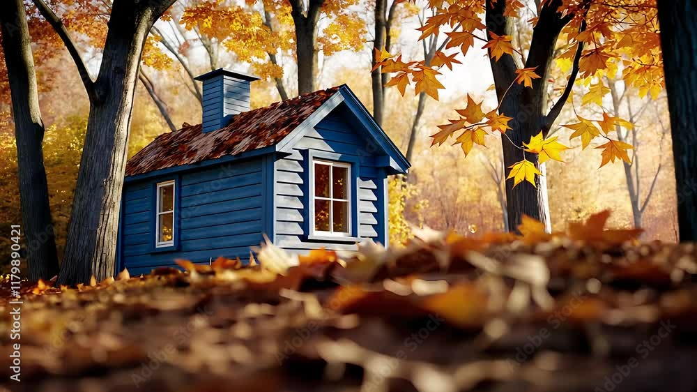 Charming Blue Cabin Surrounded by Autumn Trees with Vibrant Leaves Covering the Forest Floor in Soft Sunlight
Charming Blue Cabin Surrounded by Autumn Trees with Vibrant Leaves Covering the Forest Floor in Soft Sunlight