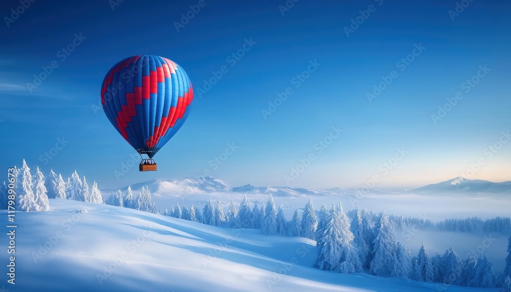 A vibrant hot air balloon floats over a snowy landscape, under a clear blue sky, creating a serene and picturesque winter scene. A vibrant hot air balloon floats over a snowy landscape, under a clear blue sky, creating a serene and picturesque winter scene.