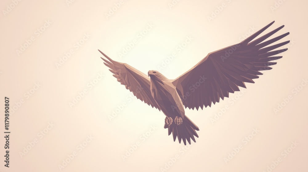 Fototapeta premium Polygonal Majesty: Low-Poly Eagle Soaring in Cinematic Flight with Ultra-Detailed Brown Wings Against Pale Sky Background