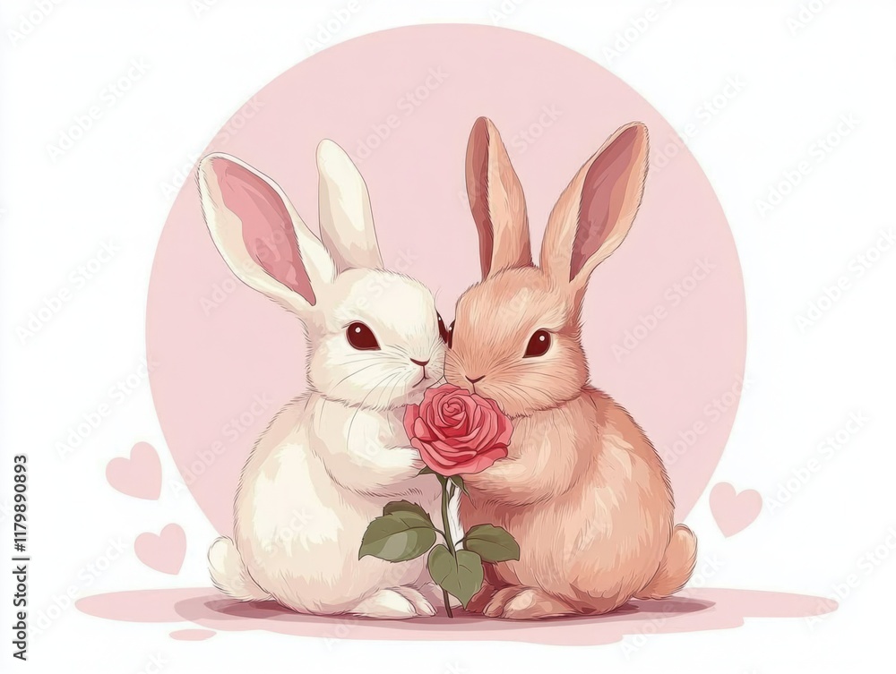 Obraz premium Cute rabbits holding a rose together, showcasing love and affection in a playful and charming illustration with soft pink background and sweet details