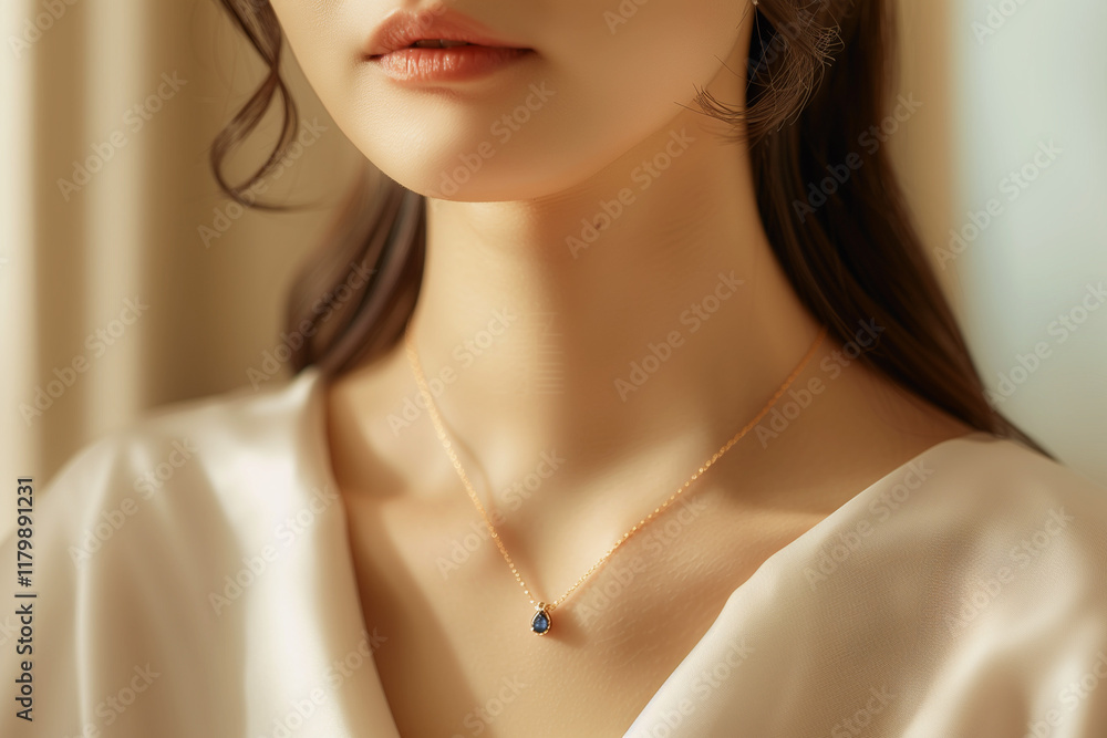 Elegant Portrait of Woman with Minimal Gold Necklace and Sapphire Pendant for Jewelry Advertising