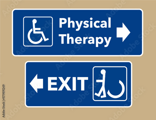 Physical therapy heals people is the theme. A sign directs a wheelchair bound person to physical therapy and an exit sign shows the person in now walking and leaving the wheelchair behind.