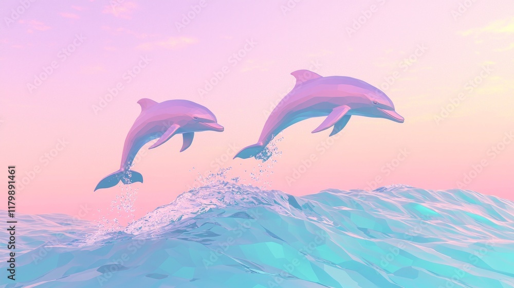 Fototapeta premium Ethereal Low-Poly Dolphins Leaping from Stylized Wave in Pastel Cinematic Scene