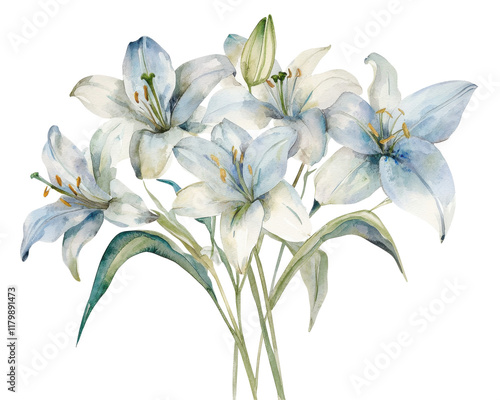 Wallpaper Mural Delicate watercolor painting of white lilies with green leaves. Torontodigital.ca