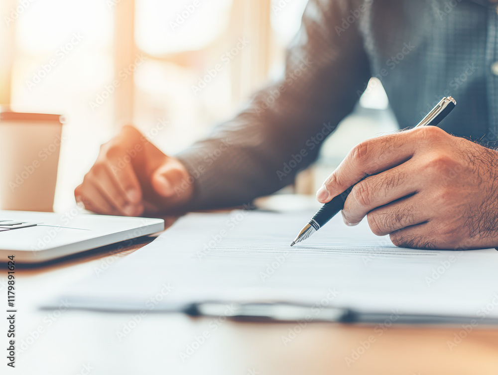 A man is writing with a pen on a piece of paper A man is writing with a pen on a piece of paper