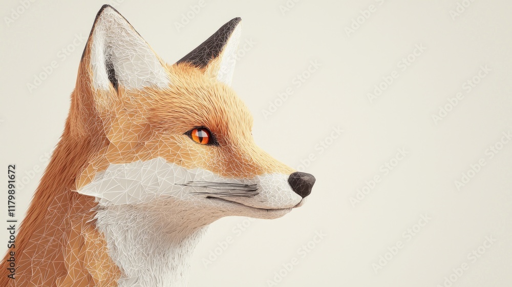 Fototapeta premium Mystical Low-Poly Fox Portrait with Piercing Orange Eyes and Angular Fur on Neutral Background - Ultra-Detailed Cinematic Image