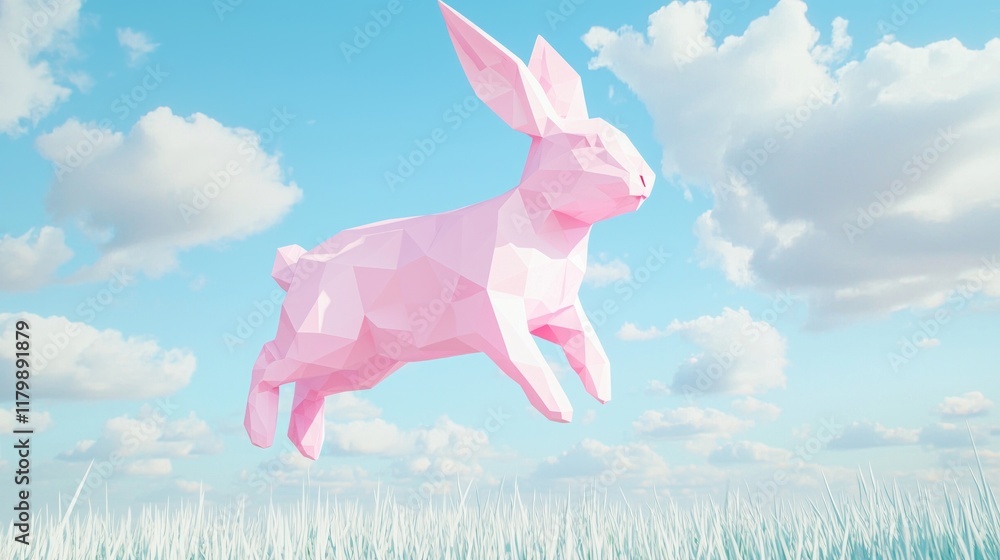 Obraz premium Energetic Low-Poly Rabbit in a Geometric Wonderland Under Pastel Polygons Sky - Ultra-Detailed 3D Rendering