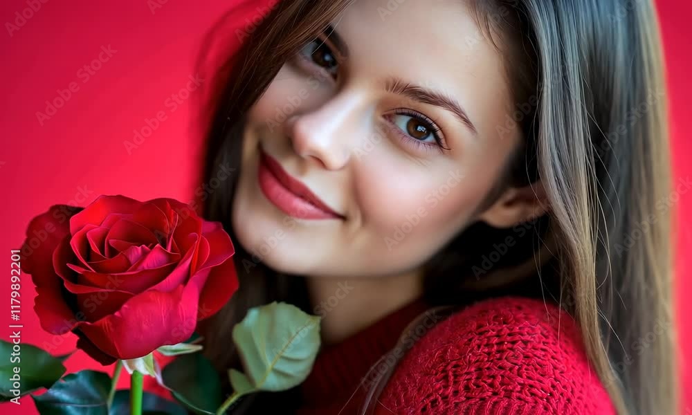 A girl with a red rose against a red wall A girl with a red rose against a red wall