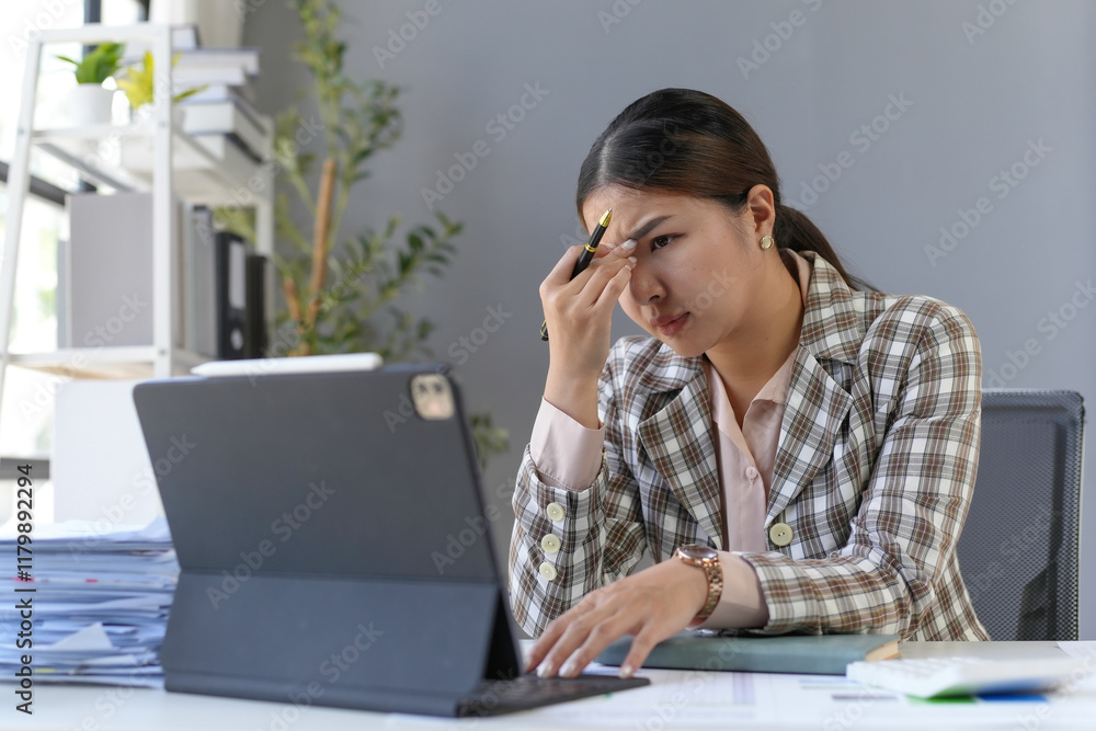 Focused businesswoman working at her desk, stressed while looking at a laptop, surrounded by documents in a modern office setting Focused businesswoman working at her desk, stressed while looking at a laptop, surrounded by documents in a modern office setting