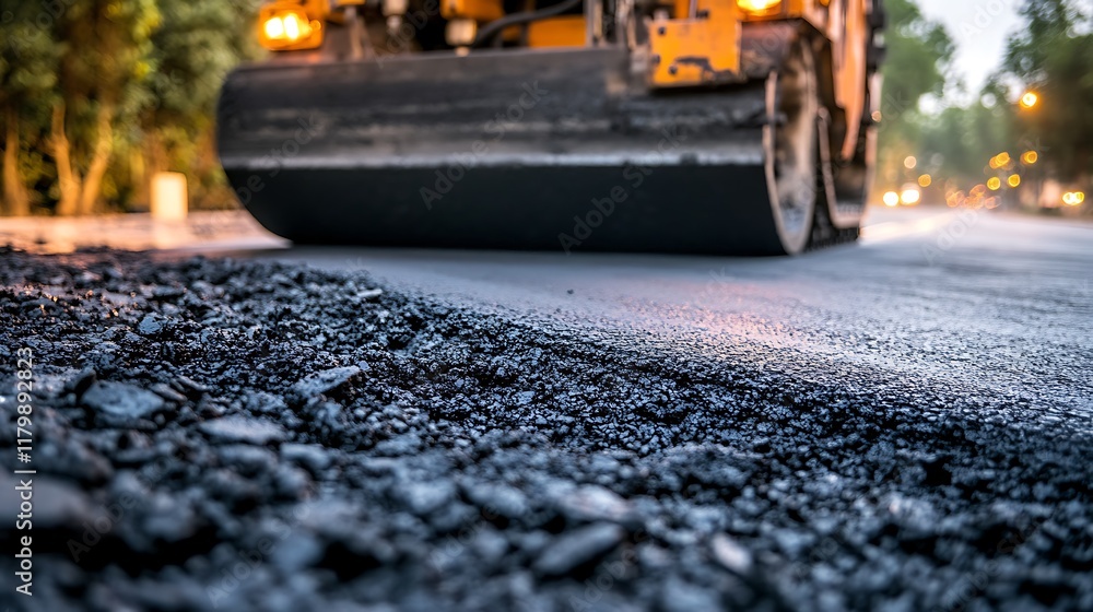 Asphalt roller compressing new road surface, street background, construction Asphalt roller compressing new road surface, street background, construction