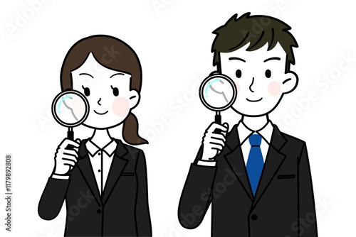 イラスト素材: 虫眼鏡を覗く社会人　シンプルでかわいいイラスト素材