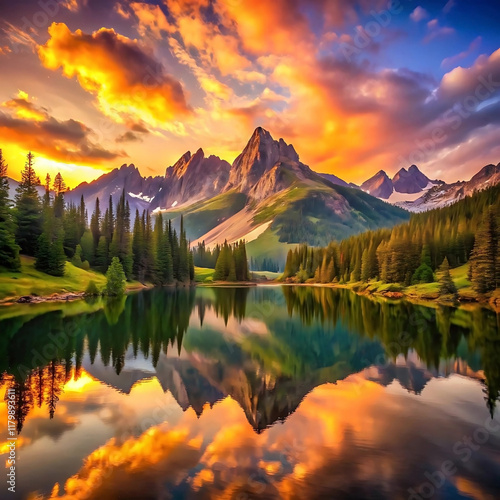 Golden Sunset Over Majestic Mountain Peaks and Serene Lake Reflection