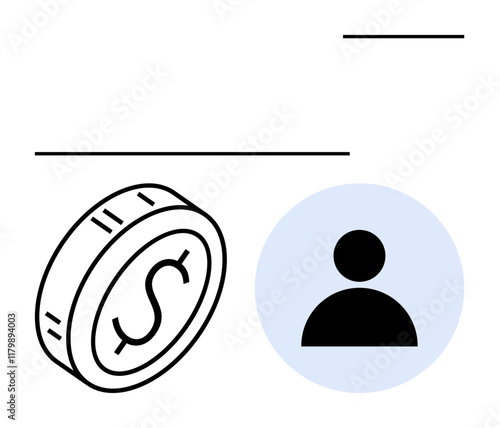 Large dollar coin and person icon against minimal design. Ideal for finance, banking, savings, investments, customer focus, monetization, payment gateways. Abstract line flat metaphor