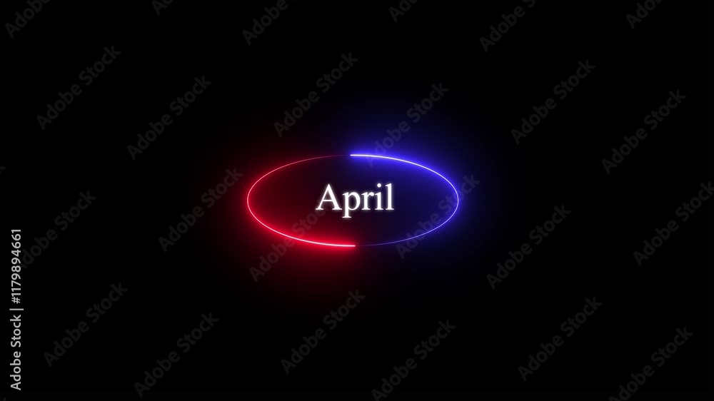 Neon glowing month name April text icon animation, blue and red color circle animation and black background. Neon glowing month name April text icon animation, blue and red color circle animation and black background.