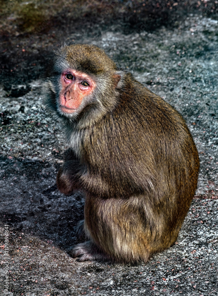 Naklejka premium Japanese macaque female on the ground. Latin name - Macaca fuscata 