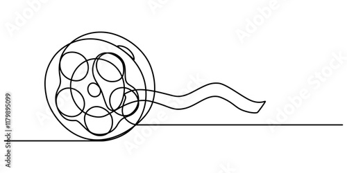 One continuous line drawing of film reel with long tape. Retro old movie and cinema roll in simple linear style. Vintage video filmstrip in editable stroke, film reel with long tape continuous vector.