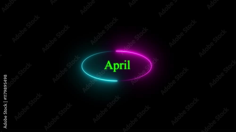 Neon glowing month name April text icon animation, cyan and pink color circle animation and black background. Neon glowing month name April text icon animation, cyan and pink color circle animation and black background.