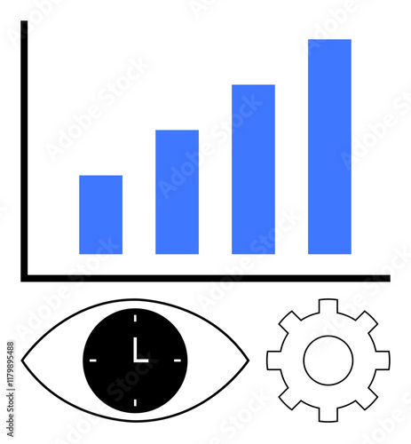 Blue bar graph growing upward, stylized eye with clock inside, and gear element. Ideal for productivity, time management, growth, efficiency, analytics, vision abstract line flat metaphor