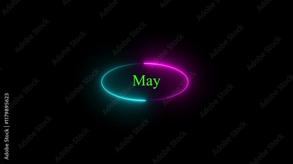 Neon glowing month name May text icon animation, cyan and pink color circle animation and black background. Neon glowing month name May text icon animation, cyan and pink color circle animation and black background.