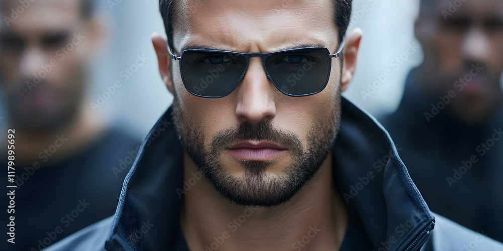 A serious-looking man in sunglasses and a black jacket, with blurred figures in the background, creating a tense atmosphere. Concept Mysterious Man, Tense Atmosphere, Urban Setting A serious-looking man in sunglasses and a black jacket, with blurred figures in the background, creating a tense atmosphere. Concept Mysterious Man, Tense Atmosphere, Urban Setting