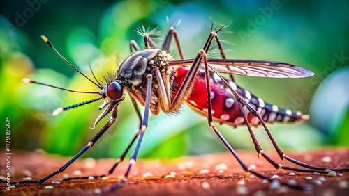 Macro photography of Aedes albopictus, a tiger mosquito, showcases detailed insect anatomy, blood-filled abdomen, sharp focus, blurred background, iridescent wings, long proboscis, striped legs, and s photo