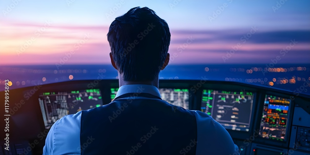 Fototapeta premium A pilot in the cockpit during sunset, focusing on the control panels and the view outside the aircraft. Concept Cockpit Perspective, Sunset Views, Aviation Control Panels, Pilot Experience