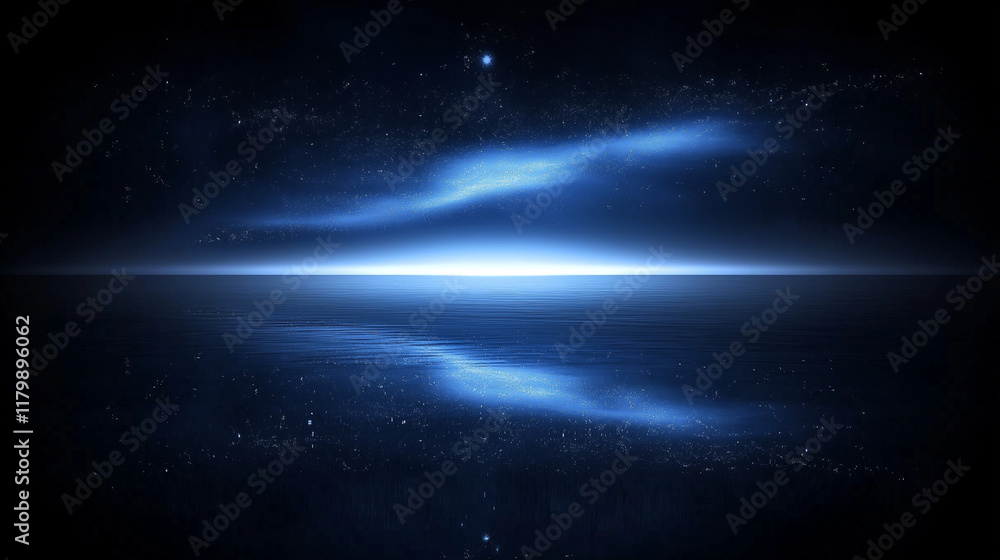Fototapeta premium Cosmic Horizon: A celestial panorama, a single beam of light cuts through the vast expanse of space, reflecting in a mirrored plane. The abstract composition creates a sense of wonder and mystery.