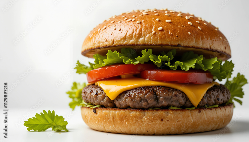 Deliciously Close-Up Cheeseburger on a White Background , 4k details Deliciously Close-Up Cheeseburger on a White Background , 4k details