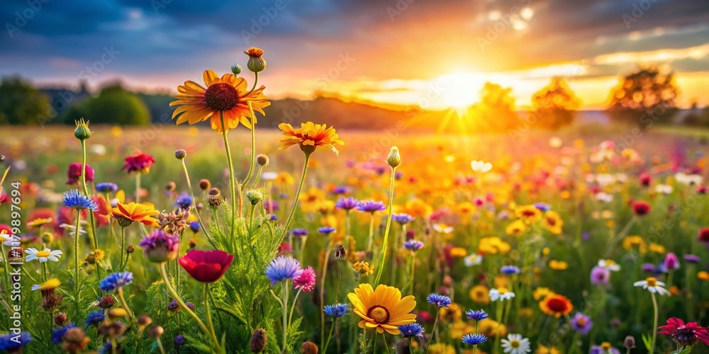 Fototapeta premium Miniature Sunlit Wildflower Meadow, Tilt-Shift Photography, Vibrant Summer Blooms