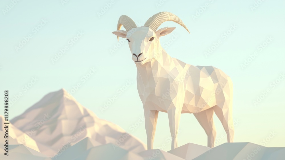 Fototapeta premium Majestic Low-Poly Goat with Triangular Horns Amid Pastel Poly Mountain Peaks - Cinematic Ultra-Detailed Image
