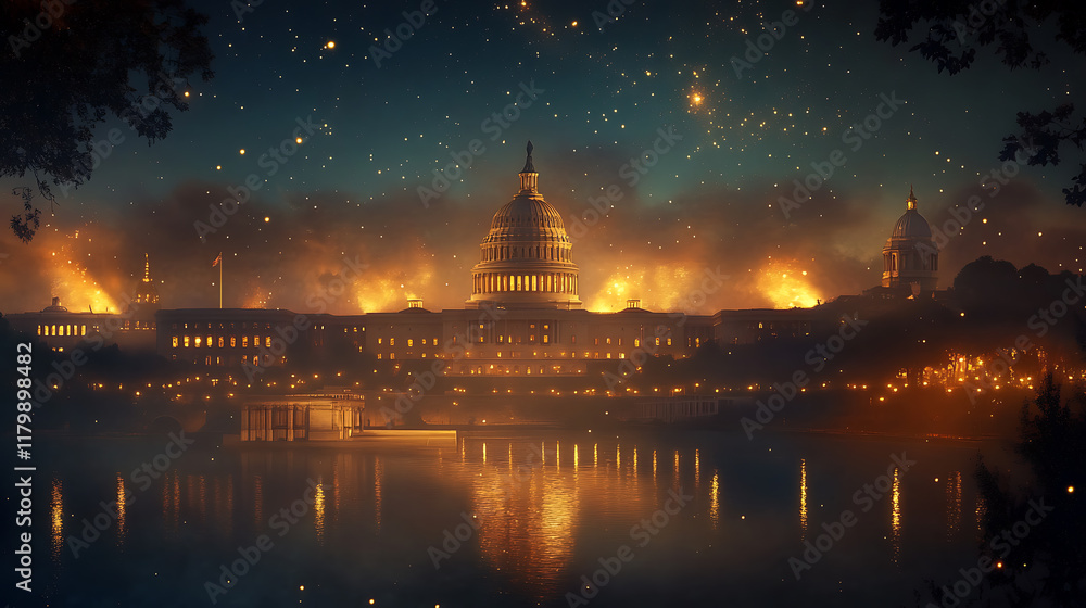 Fototapeta premium America's pursuit of freedom and equality amidst the capitol's fiery resilience at nighttime