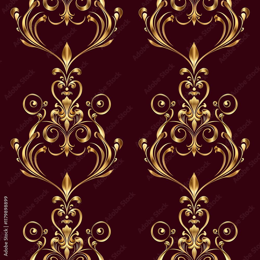 Luxurious gold ornamental pattern on a deep red background, perfect for wallpapers or fabric design. Luxurious gold ornamental pattern on a deep red background, perfect for wallpapers or fabric design.