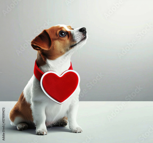 Adorable dog wearing red heart collar, looking up with curiosity and love. Perfect for pet lovers and Valentine Day themes. Valentines Concept photo